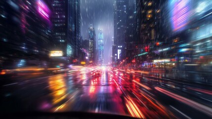 Obraz premium Hypnotic urban light trails captured from moving vehicle perspective, streaking neon reflections on rain-slicked downtown streets, towering skyscrapers creating vertical light rivers, diffused bokeh