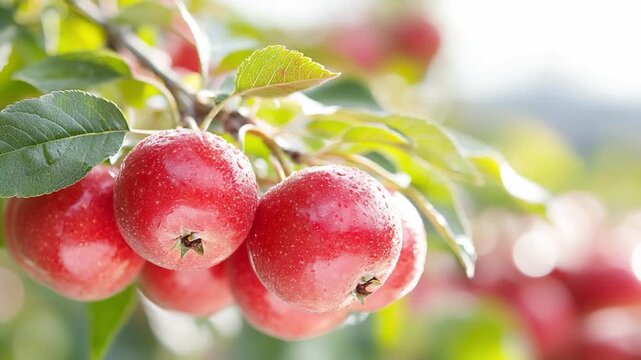 Ruby Harvest: A cluster of ripe red apples hangs from a leafy branch, glistening with morning dew. The image captures the fresh, vibrant essence of the harvest.
