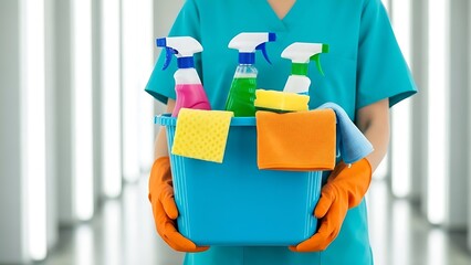 Professional cleaning service with cleaning supplies, gloves, and cloths, promoting a healthy and hygienic environment for clients