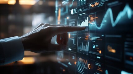 Executive hand navigating transparent touchscreen interface displaying financial analytics, modern minimalist office, holographic business charts floating, high-tech environment, cinematic lighting