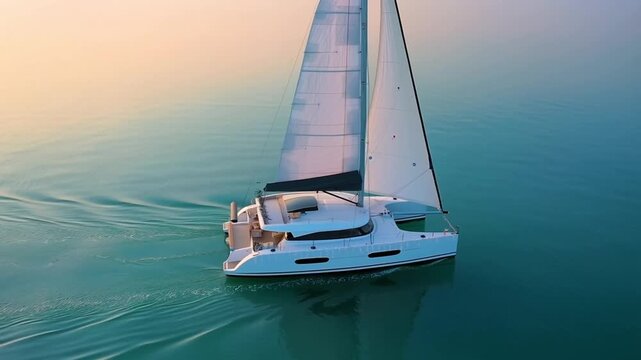 A white catamaran with christmas lights sailing on a calm turquoise sea at golden hour, aerial view. Serene holiday sailing concept