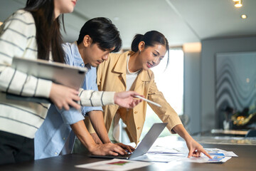 Asian young professionals meeting on laptop, inclusive teamwork business training, leadership development, marketing skills seminar, new gen workforce, cultural communication and digital learning