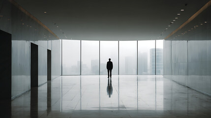 Fototapeta premium business man standing in modern office hallway with large window natural light minimal interior design expressing focus ambition leadership and professional corporate lifestyle