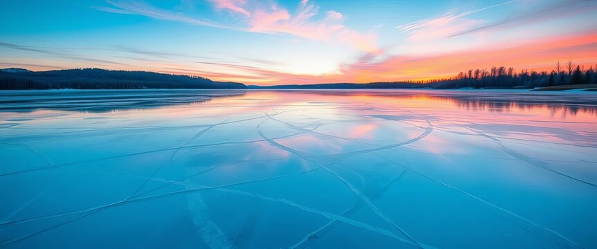 Frozen lake reflecting winter sky, pristine ice surface,  tranquil,  sky