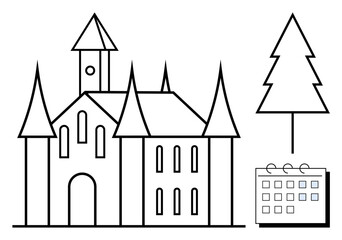 Gothic-inspired castle with sharp spires, simple pine tree, and calendar. Ideal for culture, history, tourism, architecture, fantasy events scheduling. Simple flat metaphor
