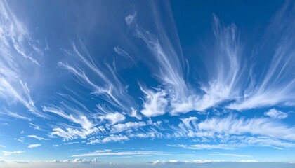 Panoramic view of a vibrant blue sky with wispy, feathery clouds