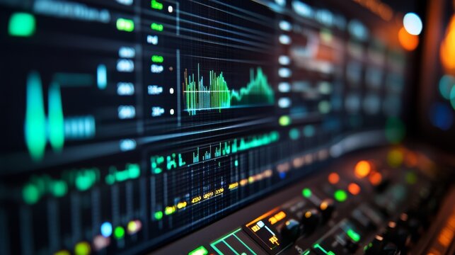 Modern seismometer readout with multiple channel waveforms in high contrast colors showing earthquake intensity progression, detailed technical graph with measurement indicators and frequency
