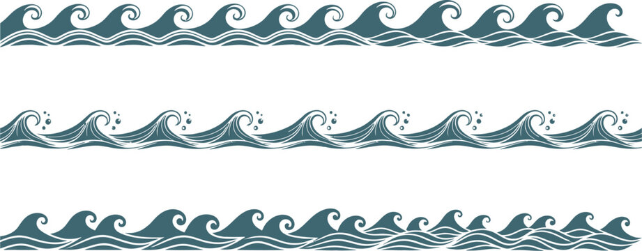 Stylized ocean wave patterns set for decorative borders, horizontal design elements, marine themed dividers, and water illustrations Vector