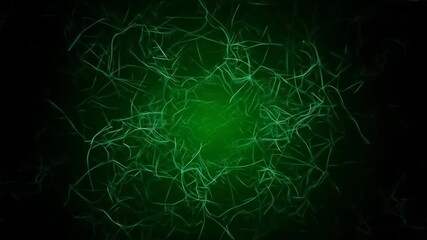 Abstract image with swirling, luminescent green lines against a dark green background