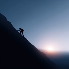motivational concept with person climbing mountain peak, sunrise background, determination vibe
