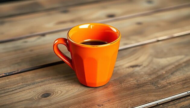 A vibrant orange ceramic coffee cup sits on a rustic wooden table,  home,   bright