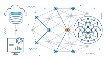 Blockchain network infrastructure illustration showing nodes connecting to cloud computing and data management.
