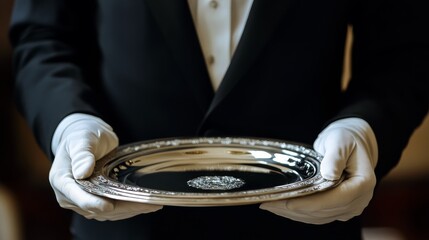 Elegant lifestyle photograph capturing seasoned butler in formal black suit with perfect tailoring, starched white collar, classic black tie and impeccable white cotton gloves presenting gleaming