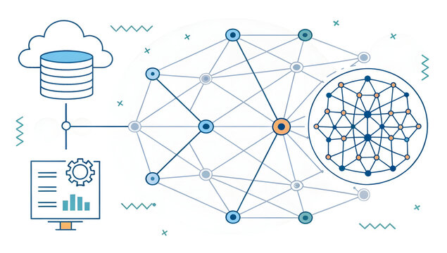 Blockchain network infrastructure illustration showing nodes connecting to cloud computing and data management.