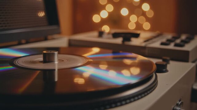 vintage compact disc player spinning shiny CD warm nostalgic tone cinematic retro motion audio memory