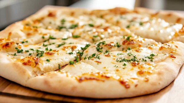 Delicious Flatbread Pizza: A delectable flatbread pizza, topped with melted cheese and fresh herbs, offering a culinary delight.