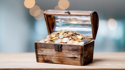 Gleaming Treasure: An antique wooden chest overflows with a radiant collection of golden coins. Capturing the allure of riches and the mystique of discovery.
