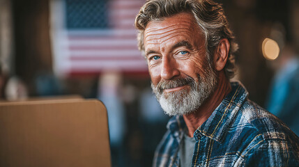 mature man casting vote in us election with american flag in background democratic ballot civic duty patriotic citizen government participation electoral process adult voter