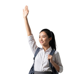 Asian Student Waving Hi with Hand Raised, Transparent Background