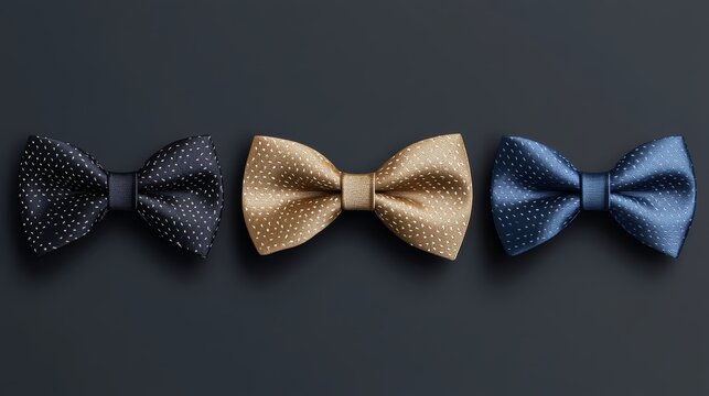 Hyperrealistic 3D vector illustration of formal bow tie collection featuring meticulous stitching details, precise knot formation and authentic fabric sheen across four distinct colors