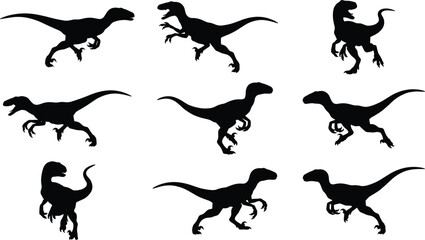 Black Velociraptor Dinosaur Silhouettes Vector Set Prehistoric Jurassic Predator Animal Ancient Wildlife Paleo Icons Collection Graphic Design