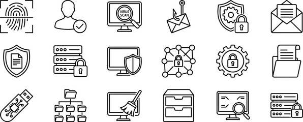 Cybersecurity, Data Protection, and Digital Security Line Icons Set, Including Antivirus, Encryption, Fingerprint, Phishing, and Server Access.