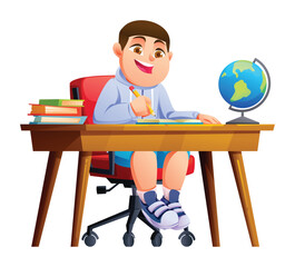 Happy boy student sitting at a study desk with books and a globe, writing in a notebook. Vector cartoon illustration