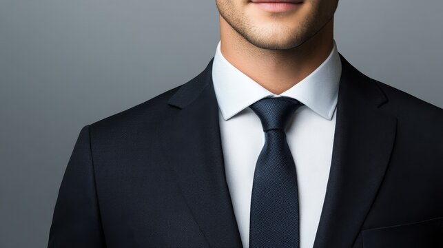 Studio-perfect formal attire template showing precisely tailored dark jacket, pristine white dress shirt and silk necktie with absolutely neutral positioning for passport photo integration