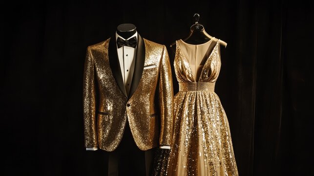 Opulent gold lam&Atilde;&copy; tuxedo jacket with matching bow tie beside flowing champagne-gold evening dress with plunging neckline, suspended against rich black velvet background, studio lighting highlighting