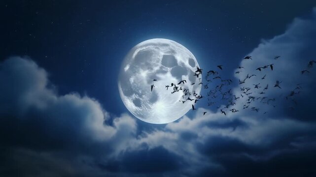 flock of birds crossing full moon deep blue night cinematic graceful natural beauty sky scene