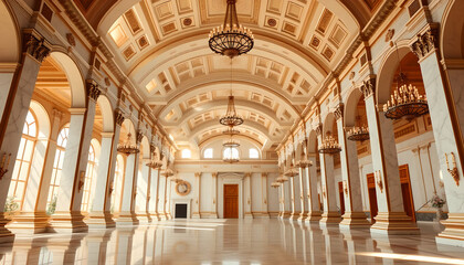 Fototapeta premium Opulent Neoclassical Ballroom with Gilded Ceiling and Marble Floor