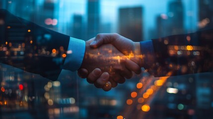 Confident business agreement handshake dissolving into urban financial district after dark, translucent imagery showing strength of partnership, contrasting light patterns, professional atmosphere,