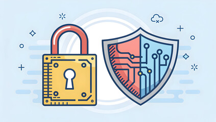 Digital security padlock and technological shield icon representing online data protection and privacy safeguard