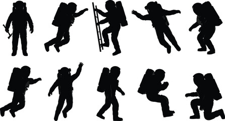 Silhouettes of astronauts in spacesuits performing various movements—floating, climbing, and walking—illustrating space exploration, future missions, and cosmic adventure. © parves's world