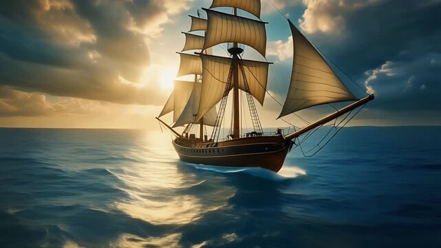 historical frigate sailing toward camera deep blue sea golden sun dramatic maritime voyage classic scene