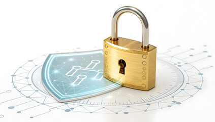 Golden padlock securing a digital shield symbolizing cybersecurity and data protection on a white background