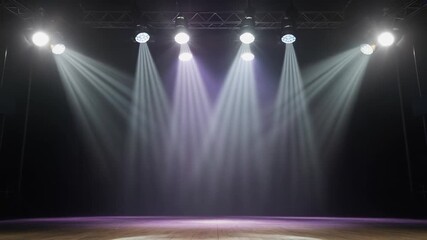 Dramatic stage lighting with spotlights beaming down from above. Wide-angle shot, perfect for a video backdrop or theatrical production setting. Live desktop wallpaper.