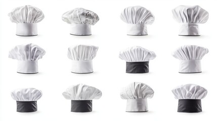 Collage of traditional chef toques in various angles against white background, professional culinary headwear collection, restaurant uniform essential, commercial food service imagery with clean