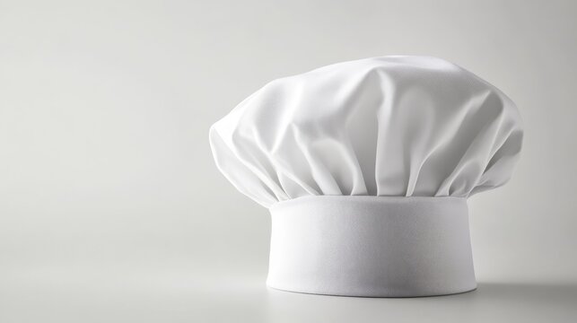 Pristine white chef's hat isolated with shadowless photography technique, professional kitchen headgear with authentic pleating detail, hospitality industry uniform element, commercial quality