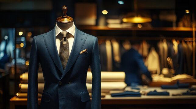 High-end fashion atelier with Italian wool three-piece suit on display form, dramatic spotlight illuminating perfect stitching details, blurred tailors working in background, premium fabric rolls