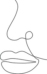 Minimalist continuous line art drawing of a woman's profile, nose and lips Vector