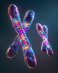 Side-by-side comparison of glowing X and Y chromosomes with radiant DNA strands showing detailed molecular textures and structural differences in sci-fi style