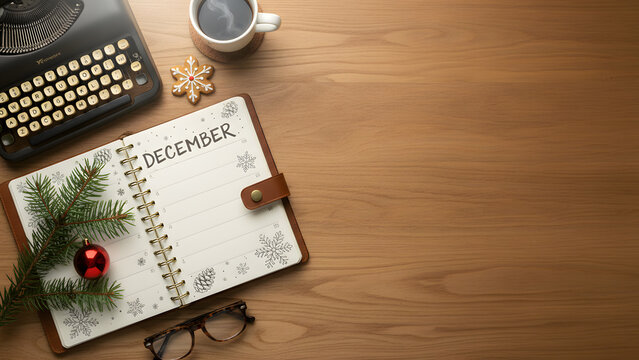 December holiday planning with coffee, typewriter, and gingerbread cookie
