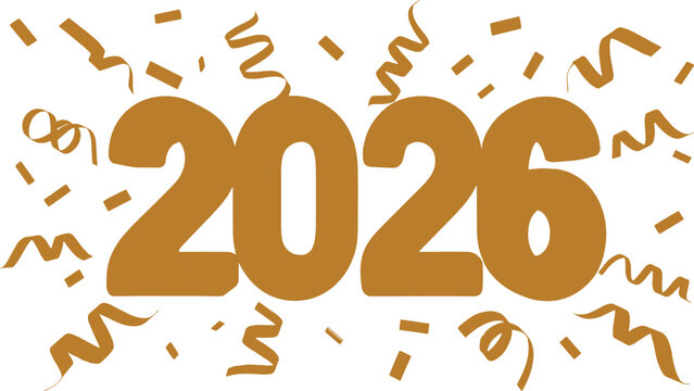 2026 celebration design with confetti and streamers, bold golden text on white background, flat vector illustration for new year event or milestone template