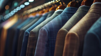 Elegant lineup of precisely arranged tailored men's suits on identical hangers, displaying subtle variations in lapel styles and fabric textures, professional store lighting creating depth, luxury