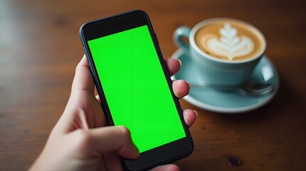 Commercial Display Mockup: Green Screen Phone Display with Cafe Environment