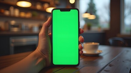 Commercial Display Mockup: Green Screen Phone Display with Cafe Environment