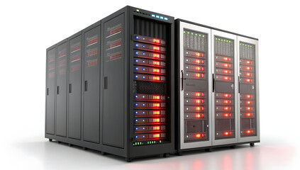 Large cluster of black and silver server racks forming a modern data center isolated on a pure white background