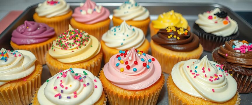Assorted cupcakes with various frostings and sprinkles on a baking sheet, cupcake,  sugary