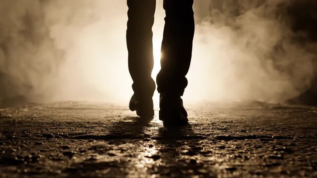 Silhouette of persons legs and feet walking away from bright light through smoke or fog at night